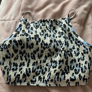 Black, Blue, and White, Leopard Print Bikini Top.